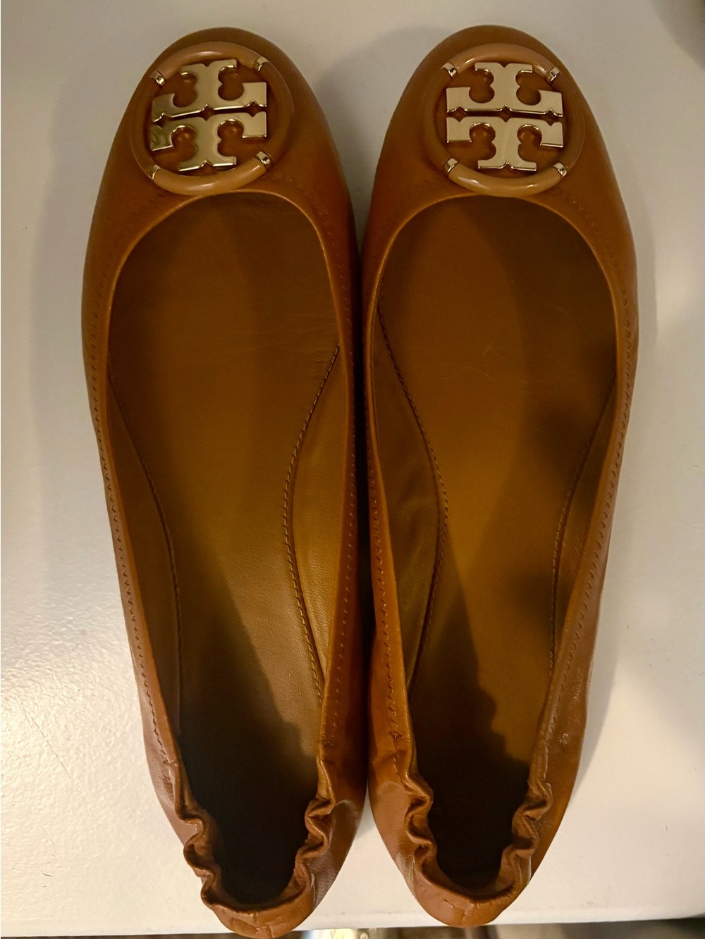 Tory Burch Cognac Leather Logo Ballet Flats